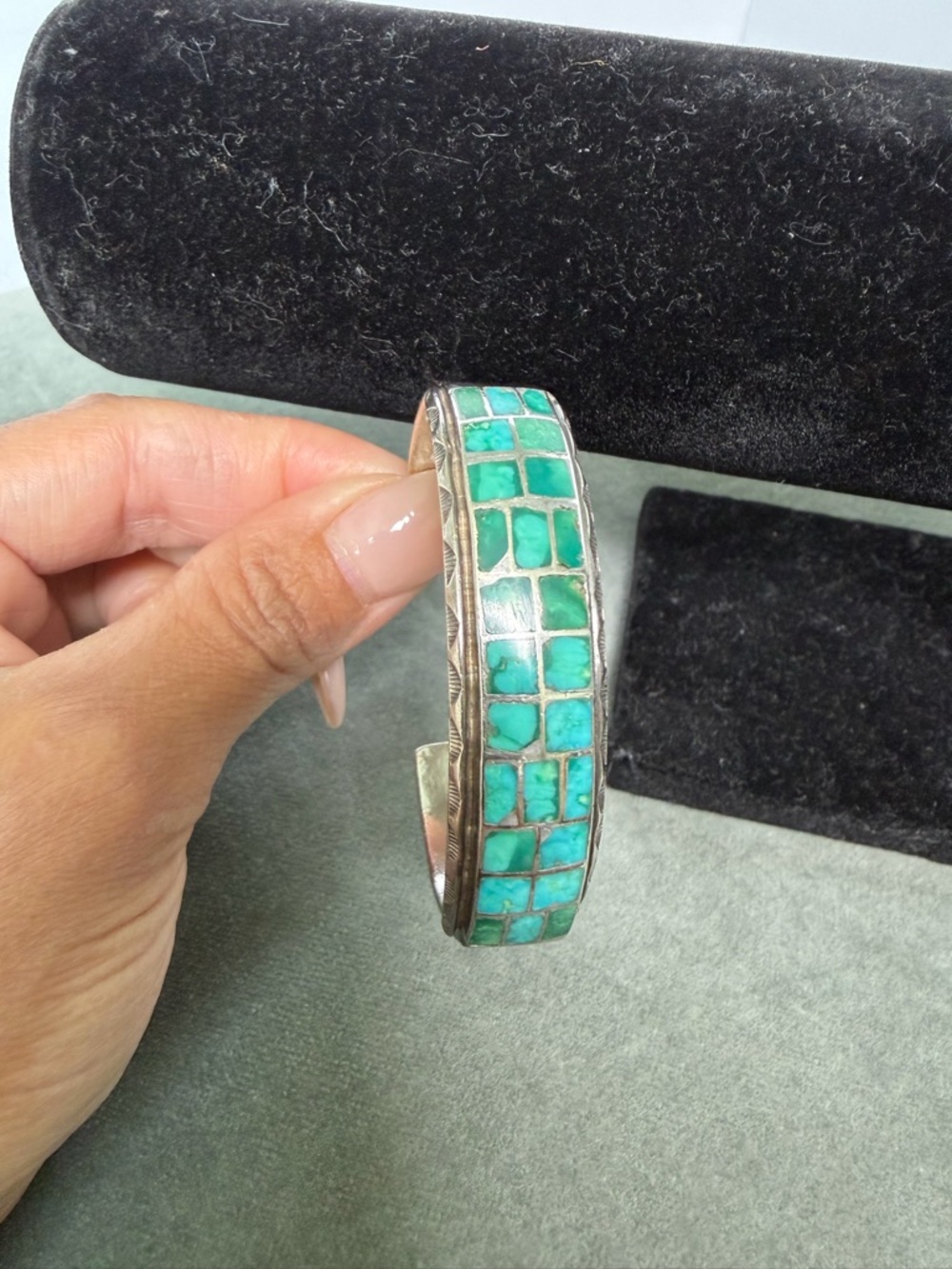 Turquoise Inlay Sterling Silver Bangle - Women's Jewelry - Picture 8 of 11